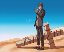 1boy black_footwear black_hair black_jacket black_pants blue_sky cigarette cross cross_punisher full_body grey_shirt halorane highres jacket large_cross long_sleeves male_focus nicholas_d._wolfwood pants sand shirt short_hair sky smoke smoke_trail smoking solo standing sunglasses trigun