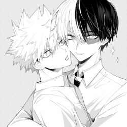 Rule 34 | 2boys, bakugou katsuki, boku no hero academia, burn scar, cheek-to-cheek, closed mouth, collared shirt, commentary request, grey background, greyscale, hair between eyes, heads together, highres, male focus, monochrome, multicolored hair, multiple boys, necktie, neminemisho, parted lips, scar, scar on face, shirt, short hair, simple background, smile, sparkle, spiked hair, split-color hair, todoroki shoto, upper body, wing collar, yaoi
