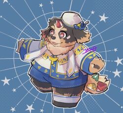 1boy animal_ears bandaid bandaid_on_cheek bandaid_on_face beret black_fur blue_shorts brown_fur carbuncle_(housamo) chibi dog_boy dog_ears dog_nose dog_tail floppy_ears furry furry_male hat igarashi_(igarashi_ta) looking_to_the_side male_focus multicolored_fur shirt shorts signature star_(symbol) tail tokyo_houkago_summoners tongue tongue_out white_hat white_shirt