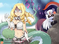 2girls absurdres alipheese_fateburn_xvi anastasia_(mon-musu_quest!) aura black_gloves blonde_hair blue_eyes boulder bra breasts cleavage colored_skin commentary cross cross-laced_bra cross_print dark_aura day deviantart_logo deviantart_username drill_hair english_commentary fingernails flower frilled_skirt frills gloom_(expression) gloves grass green_tail hair_flower hair_ornament highres lamia large_breasts long_hair menacing_(jojo) mon-musu_quest! mon-musu_quest:_paradox monster_girl motion_lines multiple_girls navel patreon_logo patreon_username pointy_ears print_skirt purple_skin quad_drills red_tail scales scared shaded_face sharp_fingernails shrug_(clothing) skirt snake_tail solid_circle_eyes squatterloki tail trembling underwear white_bra white_gloves white_hair