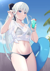 1girl absurdres alternate_costume bikini bikini_under_clothes black_bikini black_bow blue_sky blush bow braid cloud commentary day fate/grand_order fate_(series) grey_hair hair_bow half_up_braid highres holding innertube long_hair looking_at_viewer morgan_le_fay_(fate) natu_zame navel outdoors ponytail see-through_clothes see-through_shirt shirt short_sleeves sky solo stomach sunlight swim_ring swimsuit very_long_hair wet wet_clothes white_shirt