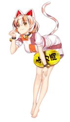 Rule 34 | 1girl, animal ears, barefoot, bell, bent over, blush, breasts, brown hair, calico (pattern), cat ears, cat girl, cat tail, clenched hand, closed mouth, coin, commentary request, fang, full body, goutokuji mike, hataraki kuma, highres, holding, holding coin, looking at viewer, maneki-neko, multicolored hair, multicolored shirt, multicolored skirt, neck bell, orange eyes, orange hair, short sleeves, simple background, skirt, solo, tail, touhou, variant set, white background, white hair