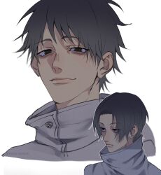 1boy black_eyes black_hair closed_mouth commentary high_collar highres jacket jujutsu_kaisen jujutsu_tech_uniform looking_at_viewer male_focus nunusenpai okkotsu_yuuta serious short_hair simple_background smile solo twitter_username white_background white_jacket