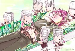 6+boys bad_id bad_pixiv_id bandaid bg_honda chibi closed_eyes corpse crystal earrings gakuran grave jean_pierre_polnareff jewelry jojo_no_kimyou_na_bouken kakyoin_noriaki male_focus mini_person miniboy multiple_boys pillow pink_hair pouch school_uniform silver_hair tears twitter_username