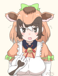 1girl animal_ears animal_print apron bell black_gloves blush bow bowtie brown_eyes brown_hair brown_shirt cow_ears cow_girl cow_print cow_tail elbow_gloves flying_sweatdrops frilled_apron frills gloves green_bow hair_between_eyes hair_bow highres jersey_cattle_(kemono_friends) kemono_friends multicolored_hair neck_bell pointing pointing_at_self print_gloves puffy_short_sleeves puffy_sleeves red_bow red_bowtie sasakura_(jgay7435) shirt shirt_bow short_hair short_sleeves sidelocks solo tail two-tone_gloves upper_body white_apron white_gloves white_hair