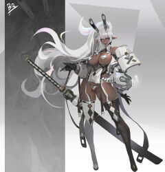 1girl animal_ears asymmetrical_footwear bare_shoulders black_boots black_gloves boots breast_cutout breasts contrapposto dark-skinned_female dark_elf dark_skin elf fake_animal_ears full_body garter_straps gloves grey_background heart_pasties high_collar highres huge_weapon large_breasts long_hair long_pointy_ears long_sleeves mismatched_footwear original panties pasties pelvic_curtain pointy_ears rabbit_ears revealing_clothes simple_background smjim1986 solo string_panties sword thigh_boots underwear very_long_hair weapon white_boots white_eyes white_garter_straps white_hair white_panties