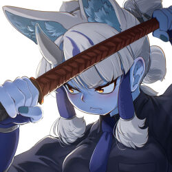 1girl animal_ears black_shirt blue_necktie blue_skin colored_skin extra_ears fingerless_gloves fox_ears fox_girl ginkaku_(kemono_friends) gloves grey_hair highres horns kemono_friends long_hair mcgunngu multicolored_hair necktie ribbon shirt simple_background solo streaked_hair upper_body whip yellow_eyes