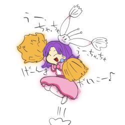 1girl dress earrings freckles grandia grandia_i highres jewelry long_hair open_mouth pom_pom_(cheerleading) purple_hair puui_(grandia) simple_background smile sue_(grandia) victory_pose weckinmach white_background