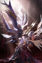 Rule 34 | 1boy, absurdres, alternate form, aonon 040, asymmetrical wings, black shirt, black wings, blonde hair, closed eyes, commentary request, cracked skin, hair between eyes, halo, halo behind head, highres, honkai: star rail, honkai (series), kneeling, male focus, material growth, missing limb, phainon (honkai: star rail), shirt, short hair, solo, torn clothes, torn shirt, wings, yellow blood, yellow wings