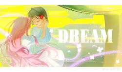 2girls absurdres alien_stage black_hair chinese_commentary closed_eyes commentary dress english_text flower hair_flower hair_ornament hand_on_another&#039;s_face highres juan_xin_cai long_hair mizi_(alien_stage) multiple_girls open_mouth pink_hair red_flower short_hair sua_(alien_stage) tree very_long_hair watermark weibo_watermark white_dress