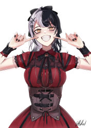 1girl absurdres black_corset black_hair black_nails black_ribbon corset dress grey_hair grin highres hololive hololive_english jewelry long_hair looking_at_viewer multicolored_hair necklace official_alternate_costume official_alternate_hairstyle ponytail red_dress ribbon shiori_novella shiori_novella_(casual) simple_background smile solo split-color_hair teeth two-tone_hair uharntan virtual_youtuber white_background yellow_eyes