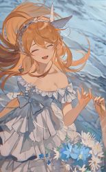 2girls bare_shoulders blonde_hair blue_flower blue_nails blush bouquet bow breasts chunbuchou cleavage dress flower hair_flower hair_ornament headband highres long_hair looking_to_the_side medium_breasts multiple_girls nail_polish nijisanji nijisanji_en ocean open_mouth pointy_ears pomu_rainpuff short_sleeves smile solo_focus virtual_youtuber wedding_dress white_bow white_dress white_flower wind