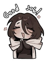 1girl black_dress blush_stickers brown_hair cape closed_eyes dress hair_over_one_eye library_of_ruina moirai_(project_moon) ny_000a open_mouth project_moon short_hair simple_background single_blush_sticker smile solo white_background white_cape