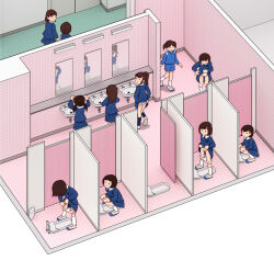 6+girls blue_jacket blue_skirt indoors jacket kiyo_(kyokyo1220) miniskirt mirror multiple_girls original panties public_restroom school_uniform skirt squat_toilet underwear white_panties