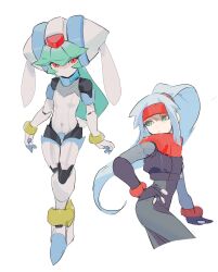 Rule 34 | 2girls, adapted costume, ashe (mega man), blue hair, cowboy shot, crotch plate, flat chest, full body, green eyes, green hair, headband, helmet, high ponytail, highres, leotard, light blue hair, long hair, looking at viewer, mayutsuba mono, mega man (series), mega man zx, mega man zx advent, model a (mega man), model w (mega man), multiple girls, no headwear, pandora (mega man), ponytail, red eyes, red headband, simple background, sketch, white background, white helmet, white leotard
