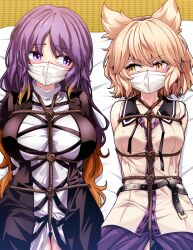 2girls bdsm blonde_hair bondage bound breasts cloth_gag dress gag gagged gradient_hair highres hijiri_byakuren improvised_gag kikoka_(mizuumi) large_breasts layered_dress lying multicolored_hair multiple_girls over_the_nose_gag purple_eyes purple_hair shibari tagme touhou toyosatomimi_no_miko yellow_eyes