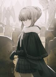 1girl black_cape black_capelet black_gloves black_skirt cape capelet closed_mouth commentary_request expressionless fate_(series) gloves gray_(fate) grey_eyes grey_hair hair_between_eyes highres hood hood_down hooded_cape looking_at_viewer lord_el-melloi_ii_case_files plaid_clothes plaid_skirt pleated_skirt short_hair sidelocks skirt solo statue tamitami tombstone