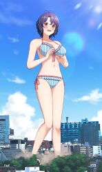 1girl antenna_hair bikini blue_bikini blue_hair blue_sky blush breasts brown_eyes building city cloud collarbone commission giant giantess highres idolmaster idolmaster_million_live! large_breasts looking_at_viewer navel numaguro_(tomokun0808) open_mouth outdoors short_hair skeb_commission sky solo standing stomach swimsuit toyokawa_fuka wavy_hair