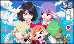 &gt;_&lt; 5girls ahoge animated animated_png black_hair blinking blue_bow blue_eyes blue_sky blush_stickers bow cha_(1122343) character_request cheek_pinching commentary cosmetics dark-skinned_female dark_skin day double_v green_hair group_picture gyaru hair_bow hair_ornament hair_over_one_eye hasebe_kazumi kunio-kun_series kyoko_(kunio-kun) light_brown_hair low_twintails misako_(kunio-kun) multiple_girls mutual_cheek_pinching noize_(river_city_girls) orange_hair pinching pink_bow pink_eyes ponytail purple_hair river_city_girls school_uniform shimada_mami sky twintails v viewfinder x_hair_ornament