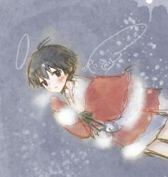 1girl angel antenna_hair arm_at_side black_bow black_eyes black_hair blush bow breath capelet capelet_bow christmas cold drawn_halo drawn_wings dress dutch_angle fake_halo fake_wings from_side fur-trimmed_capelet fur-trimmed_dress fur_trim grey_background halo hand_up idolmaster idolmaster_(classic) kikuchi_makoto looking_at_viewer looking_to_the_side mittens nekoninaru_ne parted_lips pom_pom_(clothes) raised_eyebrows red_capelet red_dress red_mittens santa_costume short_hair sketch snowing solo standing wings winter