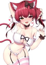 1girl absurdres animal_ears arm_behind_head arm_garter armpits bell black_bow black_choker black_garter_straps black_scrunchie bow breasts cat_cutout cat_ears cat_girl cat_lingerie cat_tail choker cleavage clothing_cutout collarbone fang frilled_panties frills garter_straps hair_bow hair_ribbon heart heterochromia highres hololive houshou_marine meme_attire nai_(cnoadi8) navel neck_bell open_mouth panties pink_thighhighs red_eyes red_ribbon ribbon scrunchie smile solo striped_clothes striped_thighhighs tail thighhighs underwear virtual_youtuber white_background white_panties white_thighhighs wrist_scrunchie yellow_eyes