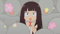 1girl :d :o animated animated_gif black_hair blunt_bangs blush bow bowtie chibi constricted_pupils crowd everyone faceless hime_cut kimi_ni_todoke kuronuma_sawako long_hair lowres open_mouth school_uniform smile solo_focus surrounded upper_body