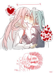 Rule 34 | 2girls, :ddd, ahoge, bad id, bad pixiv id, blue hair, blush, closed eyes, gloves, hatsune miku, heartbeat, hood, hoodie, hug, jacket, kiss, korean text, long hair, megurine luka, multiple girls, pink hair, scarf, sweatdrop, trembling, twintails, vocaloid, yuri