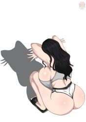 1girl ass black_hair breasts cat_shadow_puppet_(meme) cleavage huge_breasts large_breasts long_hair zettonsfw