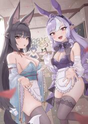 5girls :&lt; :d :o ^_^ alternate_costume animal_ear_fluff animal_ears apron bare_shoulders belle_(zenless_zone_zero) bikini black_bikini black_bow black_bowtie black_choker black_hair black_thighhighs blush bow bowtie breasts burnice_white butter_spoon choker cleavage closed_eyes commentary detached_sleeves digital_media_player fake_animal_ears fingernails fox_ears frilled_apron frills from_side hair_between_eyes hashtag-only_commentary highres hoshimi_miyabi indoors long_hair long_sleeves looking_at_viewer medium_breasts multiple_girls nail_polish no_panties one_eye_closed open_mouth pointy_ears pulchra_fellini purple_nails rabbit_ears red_bikini red_eyes skindentation smile swimsuit teeth thighhighs upper_teeth_only very_long_hair vivian_banshee waist_apron white_apron white_sleeves zenless_zone_zero