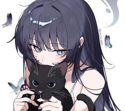 1girl black_cat black_hair blue_archive blush bug butterfly cat dandandanholo grey_eyes grey_halo halo holding insect kisaki_(blue_archive) long_hair sidelocks simple_background underwear white_background