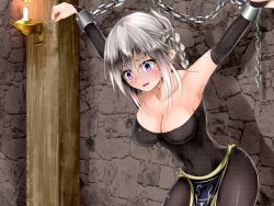 1girl 73gou_koudou arms_up bdsm blush bondage bound braid breasts candle chain cleavage covered_erect_nipples female_focus game_cg grey_hair impossible_clothes kappamaru lilitales open_mouth purple_eyes solo sweat