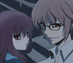 00s 1boy 1girl bad_id bad_pixiv_id black-framed_eyewear brown_hair collared_shirt genderswap genderswap_(ftm) genderswap_(mtf) ica kyonko lowres nagato_yuuki red_eyes red_hair shirt suzumiya_haruhi_no_yuuutsu upper_body white_shirt