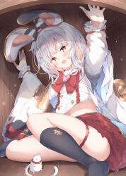 1girl absurdres animal_ears black_socks blush bow box breasts brooch fake_animal_ears granblue_fantasy hair_ornament hairclip heart heart_brooch highres jewelry kneehighs long_sleeves looking_at_viewer midriff mouse_(animal) mouse_ears open_mouth red_eyes red_skirt scrunchie shirt short_hair skirt socks solo thighlet thighs ukiwakisen vikala_(granblue_fantasy) white_hair wrist_scrunchie