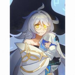 Rule 34 | 2girls, aged down, ahoge, baby, bare shoulders, blue hair, carrying, carrying person, closed eyes, closed mouth, colored skin, curly hair, detached sleeves, dress, egeria (genshin impact), genshin impact, glasses, glowing, glowing eyes, gradient hair, gradient skin, grey hair, hair between eyes, hair intakes, han yang19, huge ahoge, long hair, long sleeves, looking to the side, mother and daughter, multicolored dress, multicolored hair, multicolored skin, multiple girls, naberius (genshin impact), off shoulder, official alternate costume, official alternate hairstyle, shade, short hair, sleeping, standing, two-tone skin, upper body, veil, wavy hair, white dress, white veil, wide sleeves, yellow eyes
