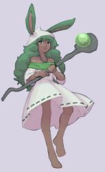 Rule 34 | 1girl, animal ears, barefoot, commentary, dark-skinned female, dark skin, dress, druid rabbit, english commentary, expressionless, full body, green eyes, green hair, grey background, holding, holding staff, long hair, looking at viewer, mage staff, off-shoulder dress, off shoulder, open mouth, rabbit and steel, rabbit ears, rabbit girl, ribbon-trimmed dress, ribbon trim, simple background, sofiaakebia, solo, staff, white dress