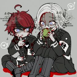 Rule 34 | ahoge, aotsuki eito, armband, belt, belt pouch, between legs, black jacket, black pants, blood, blood on clothes, blood on face, bloodshot eyes, blue eyes, boots, crossed ankles, eating, frog, glasses, grey background, grey boots, grey hair, hand between legs, heart, jacket, knee boots, last defense academy school uniform, looking at another, pants, pouch, red hair, school uniform, short hair, simple background, sitting, spoilers, spoken heart, sumino takumi, the hundred line -last defense academy-, thigh strap, uehara hachi, white armband, white belt, zombie