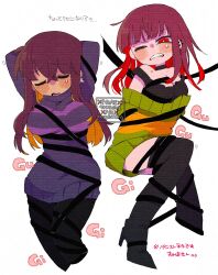 2girls aged_up alternate_hair_length alternate_hairstyle arms_behind_back arms_behind_head bare_shoulders bdsm black_boots black_choker black_pants black_tank_top blunt_bangs blush bondage boots bound bound_arms bound_legs breasts brown_hair chara_(undertale) choker cleavage clenched_teeth closed_eyes colored_inner_hair cropped_legs crossed_bangs frisk_(undertale) full_body genderswap genderswap_(otf) green_sweater hair_behind_ear hair_between_eyes high_heel_boots high_heels highres invisible_chair knees_together_feet_apart large_breasts long_hair long_sleeves looking_at_viewer mr0x0 multicolored_hair multiple_girls no_pants off-shoulder_sweater off_shoulder one_eye_closed orange_hair orange_sweater pants raised_inner_eyebrows red_hair sidelocks simple_background sitting standing straight_hair striped_clothes striped_sweater sweat sweater tank_top teeth thigh_boots too_many_watermarks translation_request turtleneck turtleneck_sweater two-tone_hair two-tone_sweater u_u undertale utdr_(toby_fox) v-shaped_eyebrows watermark white_background