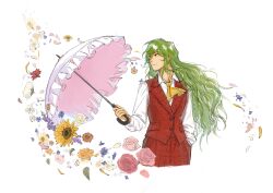 1girl absurdres alternate_hair_length alternate_hairstyle ascot chinese_commentary closed_mouth collared_shirt commentary_request cropped_legs falling_flower flower flower_request green_hair hand_in_pocket highres holding holding_umbrella kazami_yuuka kazami_yuuka_(pc-98) long_hair long_sleeves looking_to_the_side pants parasol petals pink_flower plaid_clothes plaid_pants plaid_vest red_flower red_pants red_vest shirt smile solo sunflower touhou umbrella very_long_hair vest white_background white_flower white_shirt white_umbrella xinjinjumin6256801 yellow_ascot yellow_flower