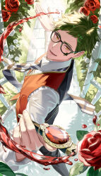 Rule 34 | 1boy, absurdres, arched back, backlighting, black necktie, black pants, black vest, chikuwa glasses, collared shirt, commentary request, dappled sunlight, diagonal-striped clothes, diagonal-striped necktie, facial mark, flower, gazebo, grass, green eyes, highres, long sleeves, looking at viewer, magic, male focus, necktie, outdoors, pants, red flower, red rose, red vest, rose, shirt, short hair, solo, striped clothes, sunlight, trey clover, twisted wonderland, two-tone vest, vest, water, white flower, white necktie, white rose, white shirt