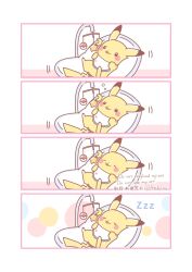 Rule 34 | 1other, asakoline, baby seat, border, chibi, chibi only, closed eyes, gen 1 pokemon, half-closed eyes, highres, lying, mobile, nintendo, no humans, on back, pikachu, pokemon, pokemon (creature), sleeping, sleepy, solo, squeans, tongue, tongue out, twitter username, watermark, white background, white border, zzz