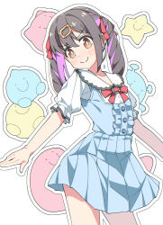 1girl bare_arms black_hair blush brown_eyes c: center_frills commentary frills hair_between_eyes hair_ornament hair_ribbon hairclip highres long_hair looking_at_viewer multicolored_hair onii-chan_wa_oshimai! outline oyama_mihari purple_hair red_ribbon ribbon short_sleeves simple_background smile solo streaked_hair twintails two-tone_hair wawawanian white_background white_outline