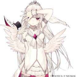 1girl angel_wings armband bare_shoulders breasts copyright_name cowboy_shot dress feathered_wings feathers frilled_wrist_cuffs frills highres long_hair looking_at_viewer original parted_lips purple_eyes riuichi silver_armlet small_breasts solo thighhighs very_long_hair watermark white_background white_hair white_wings wings wrist_cuffs