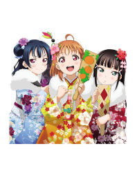 3girls ahoge aqua_eyes artbook black_hair blue_hair blunt_bangs blush floral_print flower hagoita hair_bun hair_flower hair_ornament hanetsuki highres japanese_clothes kimono kurosawa_dia long_hair looking_at_viewer love_live! love_live!_sunshine!! mole mole_under_mouth multiple_girls new_year non-web_source obi official_art open_mouth orange_hair paddle red_eyes sash short_hair simple_background single_hair_bun single_side_bun smile takami_chika tsushima_yoshiko white_background