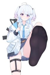 Rule 34 | 1girl, absurdres, ahoge, ar-15, assault rifle, black socks, blue necktie, blue skirt, blush, closed mouth, collared shirt, embarrassed, eyelashes, feet, foot focus, foot up, foreshortening, gradient hair, grey hair, gun, hair ornament, hairclip, hand up, high-waist skirt, highres, jacket, long hair, long sleeves, looking at viewer, multicolored hair, necktie, no shoes, okamoto nagi, open clothes, open jacket, panties, pink hair, pleated skirt, purple eyes, rifle, shirt, short sleeves, simple background, skindentation, skirt, socks, soles, solo, stepping, thigh strap, thighs, toe seam, toes, two side up, underwear, virtual youtuber, vshojo, weapon, white background, white jacket, white panties, white shirt, wl217 (nicexa111)
