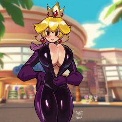 1girl blonde_hair blurry blurry_background blush bodysuit breasts cleavage cowboy_shot crown earrings gattles gloves hand_on_own_hip jewelry large_breasts looking_at_viewer mario_(series) mario_kart mario_kart_wii nintendo paper_mario paper_mario:_the_thousand_year_door princess_peach scarf shadow_queen short_hair solo unzipping