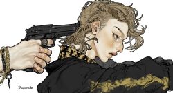 1boy absurdres arima_seigen black_jacket bracelet brown_eyes brown_hair chain chain_bracelet collared_shirt finger_on_trigger fingernails from_side gun gun_to_head handgun highres holding holding_gun holding_weapon hypnosis_mic hypnosis_mic:_rule_the_stage jacket jewelry light_frown looking_ahead male_focus medium_hair mullet multiple_bracelets portrait profile realistic serious shirt sideburns simple_background sleeves_pushed_up solo thick_lips tonotya veins weapon white_background