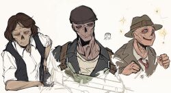 4boys black_vest brown_hair brown_hat brown_jacket newsboy_cap chibi clenched_hands collarbone collared_shirt colored_sclera cropped_torso fallout fallout_76 flesh ghoul_(fallout) green_eyes hand_on_own_hip hat highres jacket juerucj looking_at_viewer multiple_boys necktie no_nose one_eye_closed red_necktie red_sclera shirt small_sweatdrop smile sparkle sparkling_aura trilby vest white_background