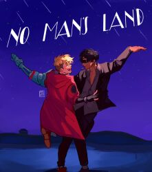 2boys ^_^ arm_up black_gloves black_hair black_jacket black_pants blonde_hair brown_footwear cigarette closed_eyes closed_mouth coat collared_shirt commentary dancing english_commentary english_text full_body gloves grey_shirt highres honeyatew jacket knee_up la_la_land long_sleeves male_focus mouth_hold multiple_boys nicholas_d._wolfwood night open_mouth outdoors pants partially_fingerless_gloves partially_unbuttoned prosthesis prosthetic_arm red_coat shirt shoes smile standing star_(sky) sunglasses trigun trigun_stampede undercut vash_the_stampede