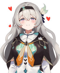 1girl absurdres black_hairband black_jacket blush breasts closed_mouth firefly_(honkai:_star_rail) grey_hair hair_intakes hairband heart highres hoduttang honkai:_star_rail honkai_(series) jacket looking_at_viewer medium_breasts neckerchief orange_neckerchief pink_eyes simple_background smile solo upper_body white_background