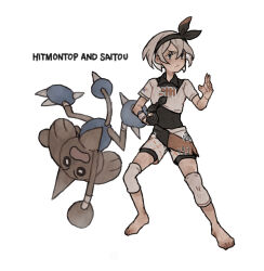 1girl absurdres barefoot bea_(pokemon) black_hairband bodysuit bodysuit_under_clothes bow_hairband character_name clenched_hand closed_mouth collared_shirt commentary_request dynamax_band fighting_stance gen_2_pokemon gloves hair_between_eyes hairband highres hitmontop ichi_kawa_ichi knee_pads nintendo pokemon pokemon_(creature) pokemon_swsh shirt short_hair short_sleeves shorts simple_background single_glove squatting white_background